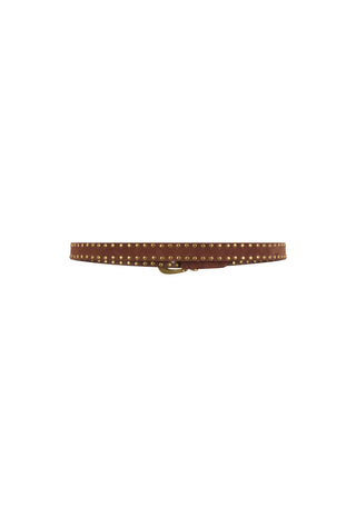 a-brown-leather-belt-with-a-row-of-small-gold-studs-and-a-gold-buckle-shown-horizontally-against-a-plain-white-background