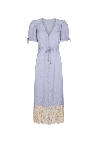a-light-lavender-midi-dress-with-short-puff-sleeves-a-v-neckline-a-drawstring-waist-and-a-beige-lace-hem-shown-against-a-plain-white-background