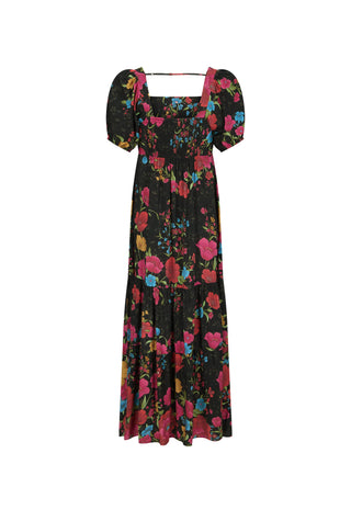 a-black-midi-dress-with-a-vibrant-multicolor-floral-print-featuring-puff-sleeves-and-a-square-neckline-shown-against-a-plain-white-background