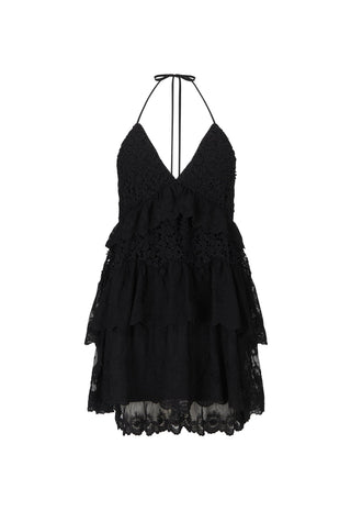 a-black-halter-neck-mini-dress-with-a-tiered-ruffle-skirt-and-lace-detailing-displayed-on-a-white-background