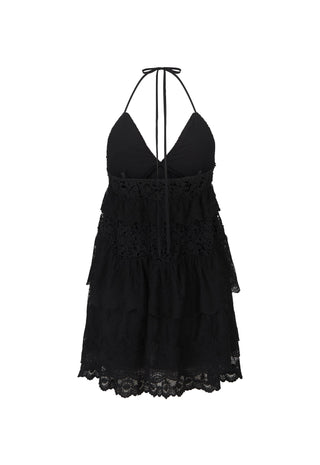 a-black-halter-neck-mini-dress-with-a-tiered-ruffle-skirt-and-lace-trim-shown-against-a-plain-white-background