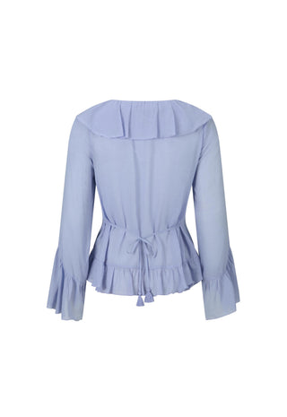 a-light-blue-long-sleeve-blouse-shown-from-the-back-featuring-a-ruffled-collar-flared-bell-sleeves-and-a-drawstring-tie-at-the-waist-set-against-a-plain-white-background
