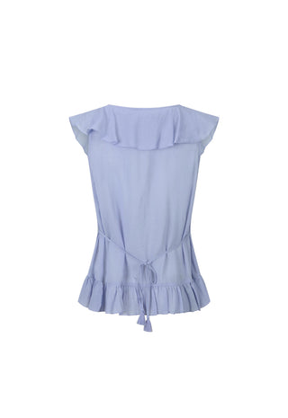 a-light-blue-sleeveless-blouse-with-a-ruffled-yoke-cap-sleeves-and-a-drawstring-tie-at-the-waist-shown-against-a-plain-white-background