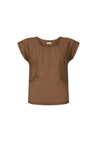 a-brown-short-sleeve-top-with-a-round-neckline-and-subtle-vertical-pleating-on-the-front-shown-against-a-plain-white-background
