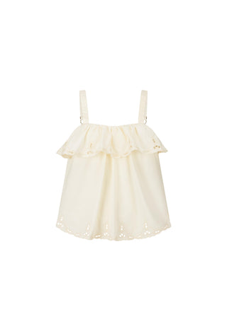 a-cream-colored-eyelet-lace-top-with-thin-shoulder-straps-and-a-ruffled-neckline-displayed-against-a-solid-white-background
