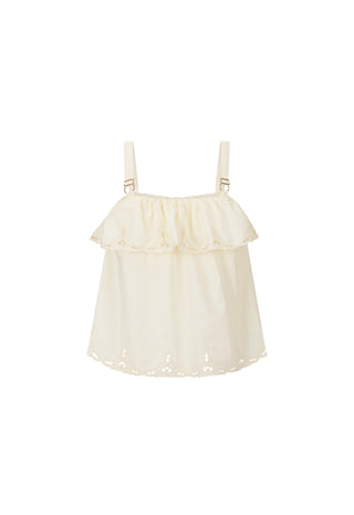 an-off-white-eyelet-lace-ruffled-top-with-thin-shoulder-straps-and-small-gold-tone-hardware-shown-against-a-plain-white-background