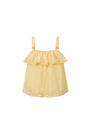 a-pale-yellow-eyelet-lace-top-with-double-shoulder-straps-and-a-ruffled-neckline-displayed-against-a-solid-white-background