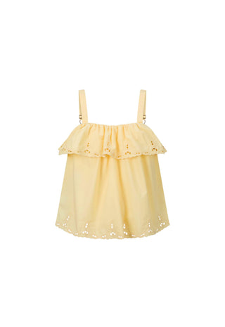 a-pale-yellow-eyelet-cotton-top-with-thin-shoulder-straps-a-ruffled-neckline-and-a-tiered-skirt-shown-against-a-plain-white-background