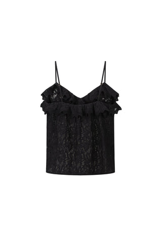 a-black-lace-camisole-top-with-thin-spaghetti-straps-and-a-ruffled-trim-along-the-neckline-displayed-against-a-solid-white-background