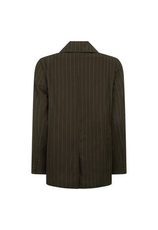 a-dark-brown-pinstripe-blazer-shown-from-the-back-featuring-thin-vertical-white-stripes-on-a-solid-white-background