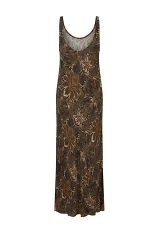 a-sleeveless-floor-length-slip-dress-with-a-brown-and-gold-floral-pattern-shown-against-a-plain-white-background