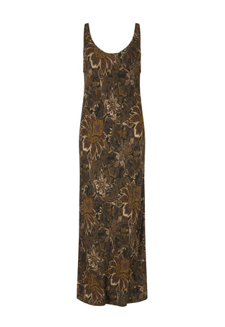 a-sleeveless-floor-length-maxi-dress-with-a-brown-black-and-beige-botanical-floral-pattern-shown-against-a-plain-white-background