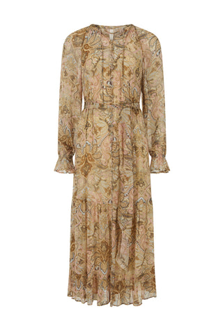 a-long-sleeved-midi-dress-with-a-ruffled-round-neckline-and-a-matching-waist-tie-featuring-an-all-over-abstract-floral-and-paisley-pattern-in-beige-brown-and-muted-gold-tones-shown-against-a-plain-white-background