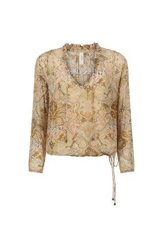 a-long-sleeve-blouse-with-a-beige-and-brown-paisley-pattern-featuring-a-drawstring-waist-and-a-gathered-high-neck-shown-against-a-plain-white-background
