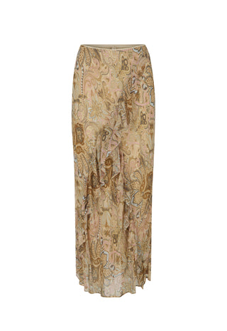 a-long-pleated-skirt-with-an-intricate-paisley-and-floral-pattern-in-beige-brown-and-muted-gold-tones-shown-against-a-plain-white-background