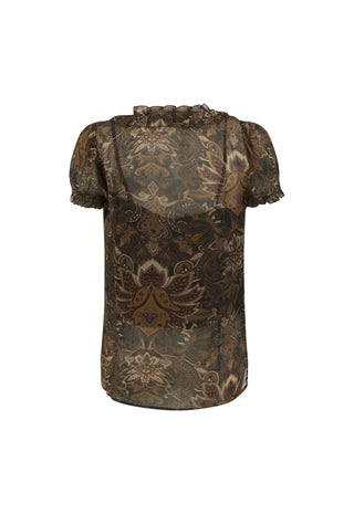 a-short-sleeve-blouse-with-a-ruffled-high-neckline-featuring-an-intricate-paisley-and-floral-pattern-in-shades-of-brown-beige-and-muted-green-shown-against-a-plain-white-background