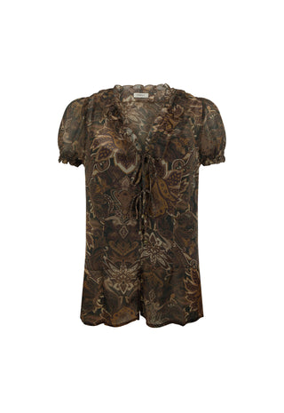 a-short-sleeve-blouse-with-a-dark-brown-and-black-damask-pattern-featuring-a-ruffled-v-neckline-and-front-tie-closure-shown-against-a-plain-white-background