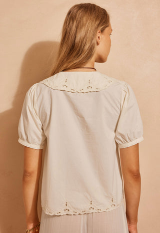 a-woman-viewed-from-the-back-wearing-a-cream-colored-short-sleeve-blouse-with-a-decorative-eyelet-collar-and-hem-set-against-a-warm-beige-textured-wall