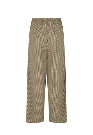 a-pair-of-wide-leg-cropped-trousers-in-a-beige-and-brown-small-scale-checkered-pattern-shown-against-a-plain-white-background