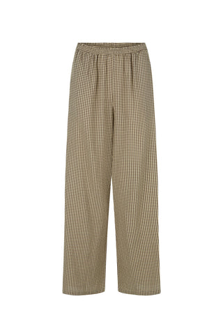 a-pair-of-wide-leg-trousers-in-a-beige-and-brown-small-scale-checkered-pattern-shown-against-a-plain-white-background