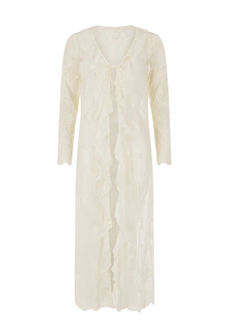 an-off-white-long-sleeved-maxi-dress-with-a-v-neckline-ruffled-trim-along-the-front-and-a-subtle-tonal-floral-pattern-shown-against-a-plain-white-background