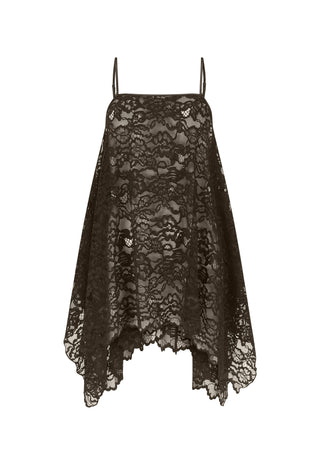a-black-lace-camisole-top-with-thin-spaghetti-straps-and-an-asymmetrical-handkerchief-hem-shown-against-a-plain-white-background