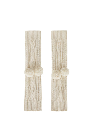 A pair of cream-colored cable-knit arm warmers with matching pom-pom details, displayed flat against a solid white background.