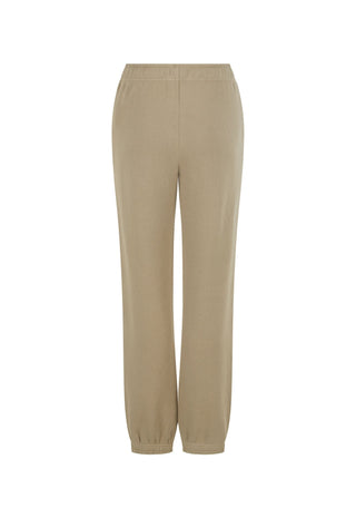 A pair of beige wide-leg trousers with an elastic waistband and gathered cuffs, shown against a plain white background.