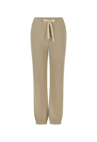 A pair of beige wide-leg jogger pants with an elastic waistband and a matching beige drawstring tie, shown against a plain white background.