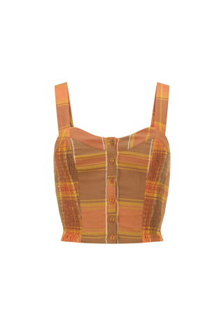A cropped camisole top with a warm-toned plaid pattern in orange, brown, and yellow, featuring a button-up front and shoulder straps, shown against a plain white background.