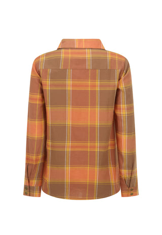 A long-sleeve plaid button-up shirt shown from the back, featuring a pattern of orange, brown, and yellow stripes on a white background.