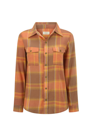 A women's long-sleeve button-up plaid shirt in shades of brown, orange, and yellow, featuring two chest pockets with button flaps, shown on a plain white background.