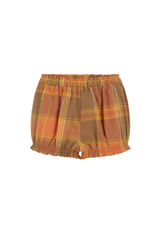 A pair of plaid balloon shorts in a warm autumn color palette, featuring shades of brown, orange, yellow, and green, displayed against a solid white background.