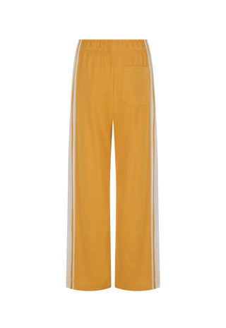 Yellow wide-leg cropped pants with white side stripes and a single front patch pocket, shown against a plain white background.