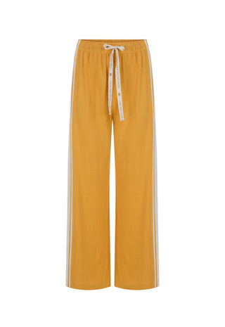 Yellow wide-leg pants with white side stripes and a white drawstring waist, shown against a plain white background.