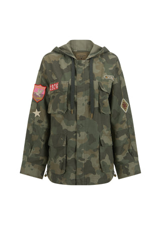 A military-style camouflage hooded jacket with multiple front pockets, drawstrings, and decorative patches on the sleeves, shown against a plain white background.
