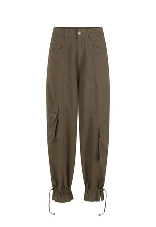 A pair of olive green cargo pants with drawstring ankle cuffs, displayed flat against a solid white background.