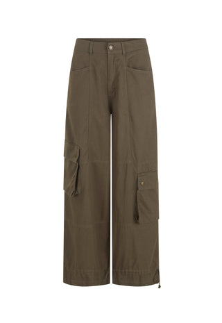 A pair of wide-leg cargo pants in olive green, featuring large side cargo pockets and a button closure at the waist, shown against a plain white background.