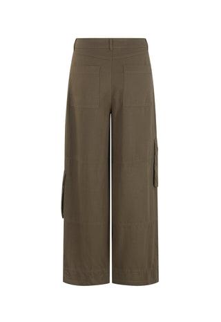 A pair of wide-leg cropped trousers in a muted olive-brown or khaki-olive color, shown from the back on a plain white background.