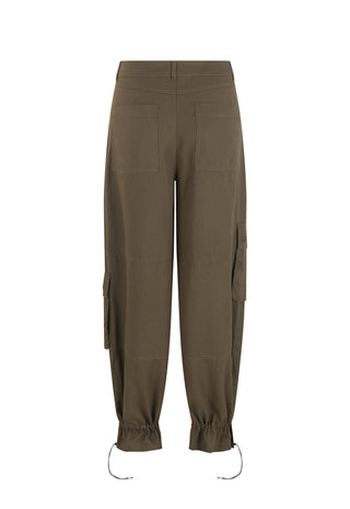 A pair of olive green cargo jogger pants with side flap pockets and elasticized ankle cuffs, shown against a plain white background.