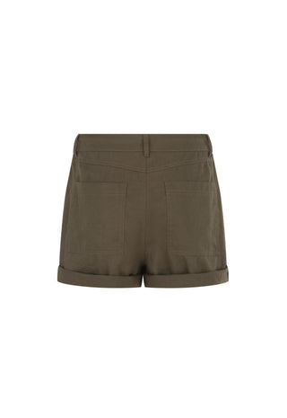 A pair of olive green shorts with a cuffed hem and two front patch pockets, shown from the back on a plain white background.