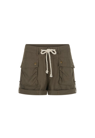 Olive green cargo shorts with a cream drawstring, buttoned flap pockets, and rolled hems, shown against a plain white background.