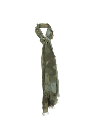 Wild and Free Travel Scarf in Camo Green, knotted display showing frayed edges and LENZING™ Modal drape, white background